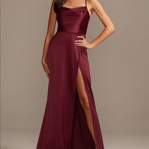 Shiny Charmeuse Cowl Neck Slip Dress with Slit